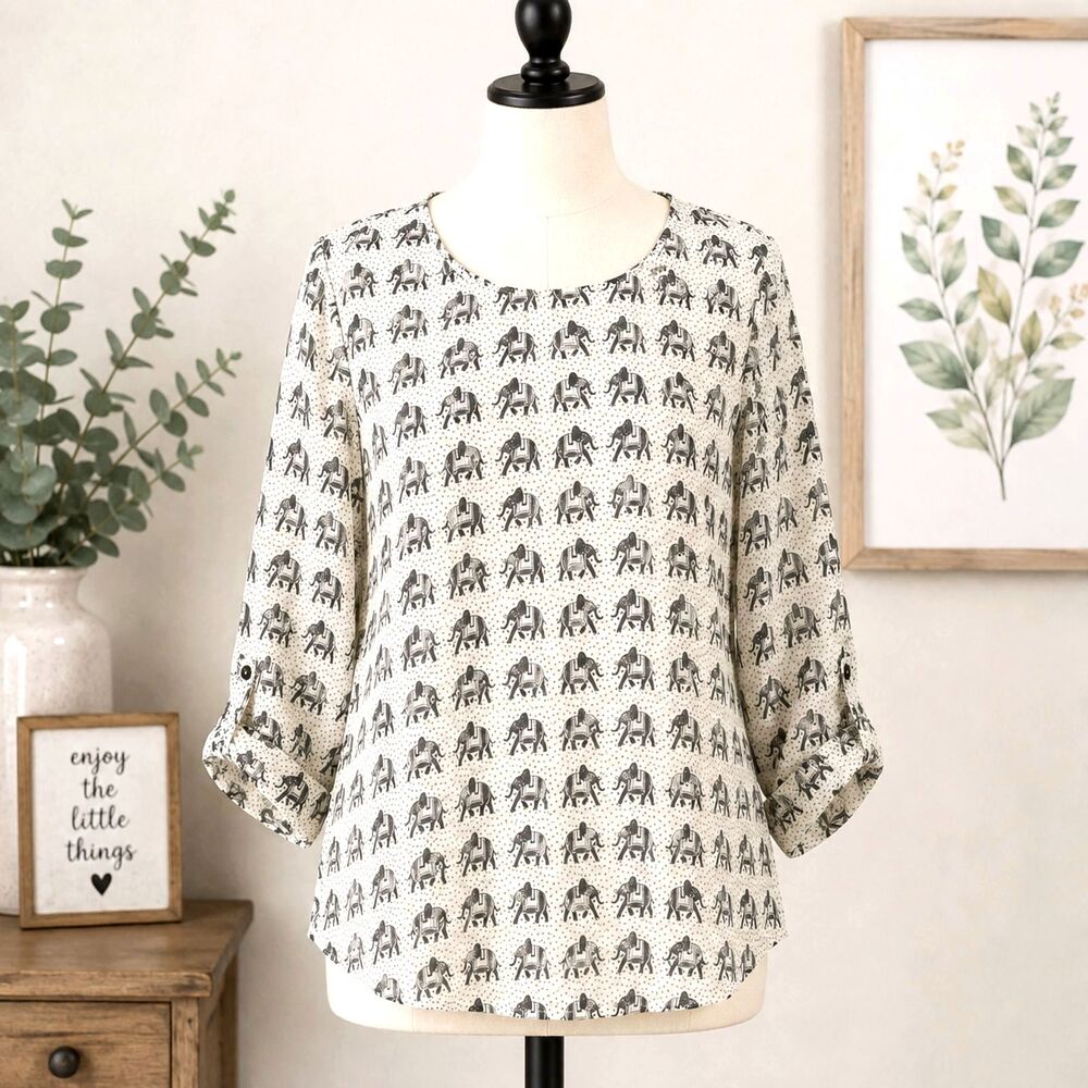 Stitch Fix Pixley Elephant Print Blouse Women's Small Roll Tab Sleeves